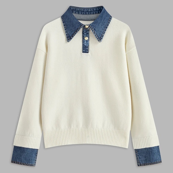 Commense Sweaters - Commense Cream Sweater with Denim Details